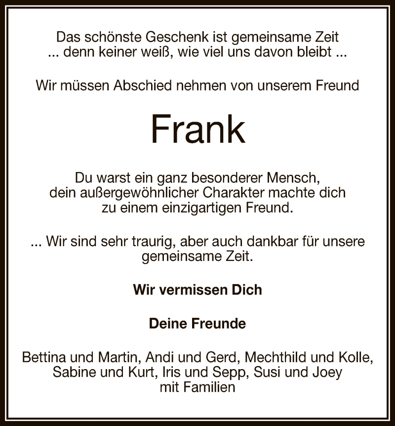  Traueranzeige für Frank  vom 18.08.2020 aus Reutlinger General-Anzeiger