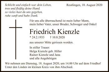 Anzeige von Friedrich Kienzle von Reutlinger General-Anzeiger