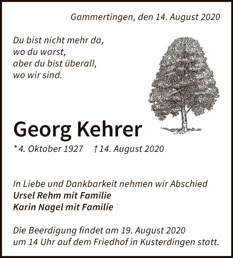  Traueranzeige für Georg Kehrer vom 18.08.2020 aus Reutlinger General-Anzeiger