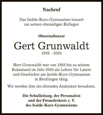 Anzeige von Gert Grunwaldt von Reutlinger General-Anzeiger