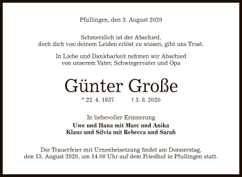 Anzeige von Günter Große von Reutlinger General-Anzeiger