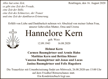 Anzeige von Hannelore Kern von Reutlinger General-Anzeiger