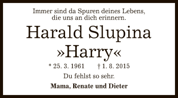 Anzeige von Harald Slupina von Reutlinger General-Anzeiger