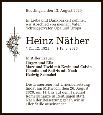Anzeige von Heinz Näther von Reutlinger General-Anzeiger