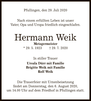 Anzeige von Hermann Welk von Reutlinger General-Anzeiger