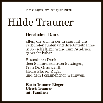 Anzeige von Hilde Trauner von Reutlinger General-Anzeiger