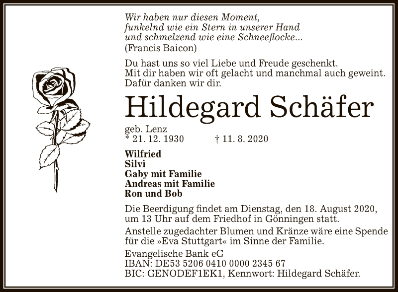 Traueranzeige für Hildegard Schäfer vom 13.08.2020 aus Reutlinger General-Anzeiger