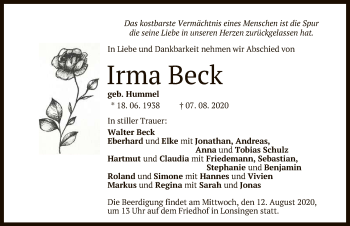 Anzeige von Irma Beck von Reutlinger General-Anzeiger