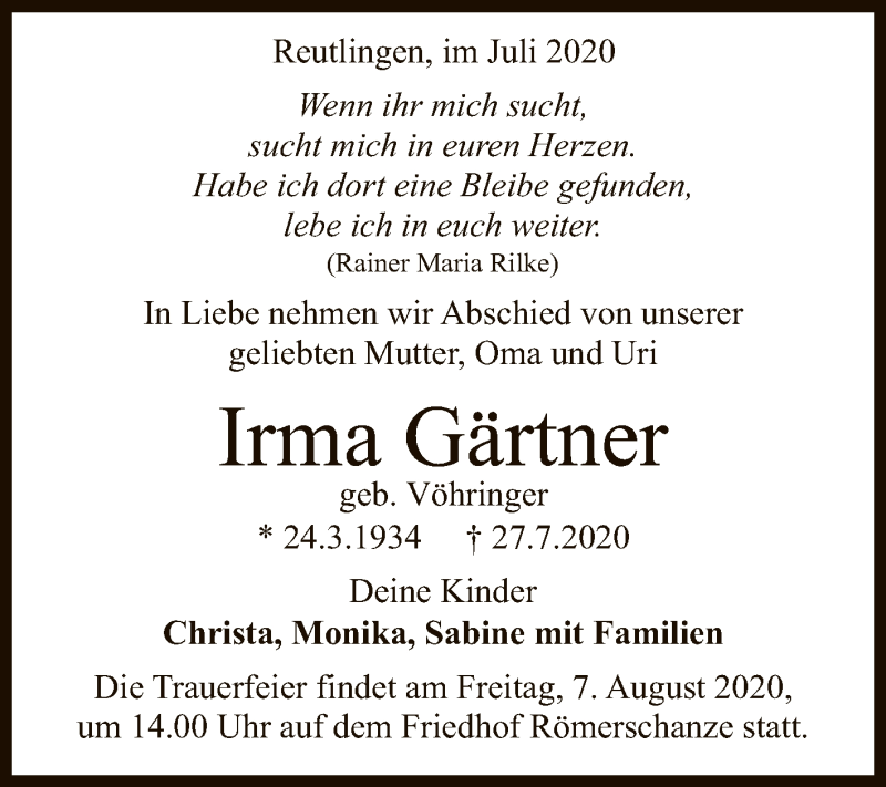  Traueranzeige für Irma Gärtner vom 01.08.2020 aus Reutlinger General-Anzeiger