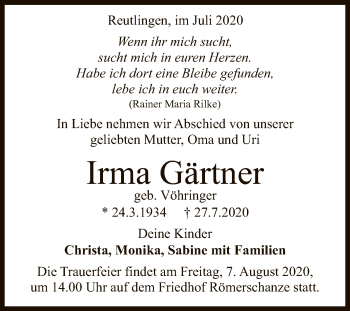 Anzeige von Irma Gärtner von Reutlinger General-Anzeiger