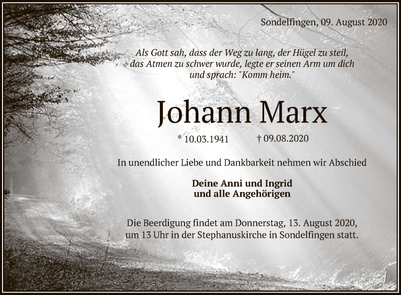  Traueranzeige für Johann Marx vom 11.08.2020 aus Reutlinger General-Anzeiger