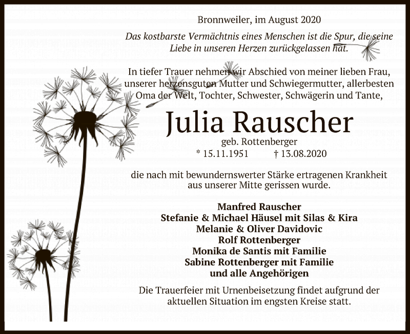  Traueranzeige für Julia Rauscher vom 22.08.2020 aus Reutlinger General-Anzeiger