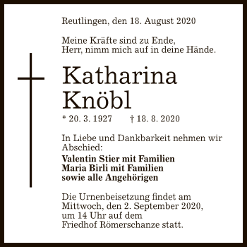 Anzeige von Katharina Knöbl von Reutlinger General-Anzeiger