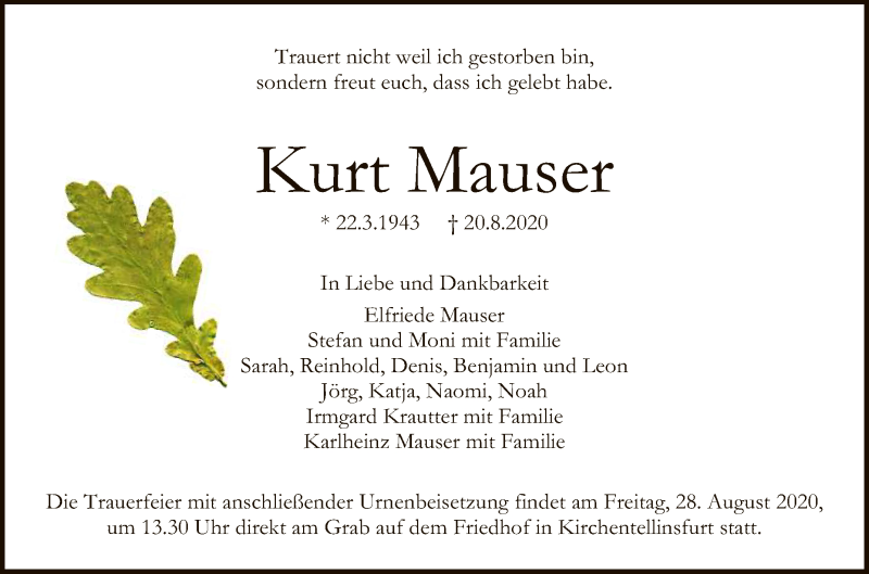  Traueranzeige für Kurt Mauser vom 25.08.2020 aus Reutlinger General-Anzeiger