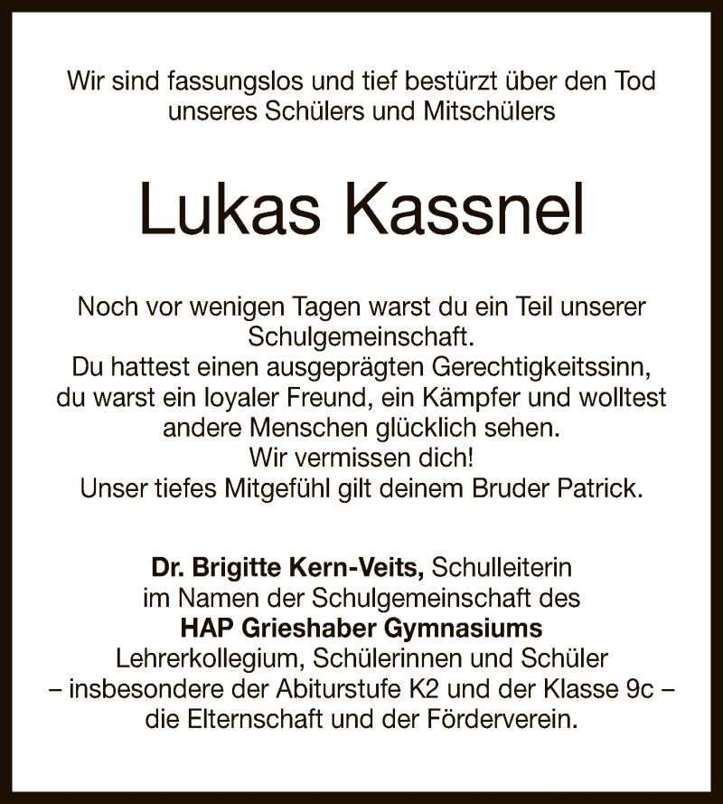  Traueranzeige für Lukas Kassnel vom 08.08.2020 aus Reutlinger General-Anzeiger