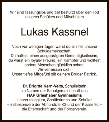 Anzeige von Lukas Kassnel von Reutlinger General-Anzeiger