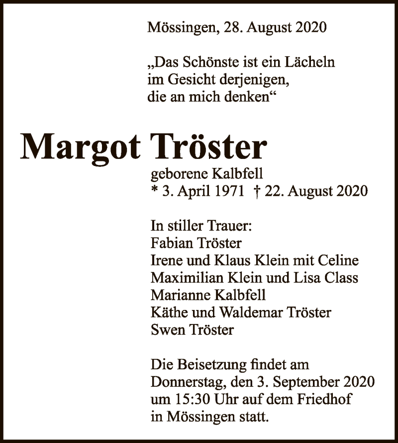  Traueranzeige für Margot Tröster vom 29.08.2020 aus Reutlinger General-Anzeiger