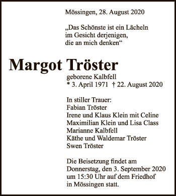 Anzeige von Margot Tröster von Reutlinger General-Anzeiger