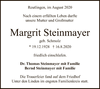 Anzeige von Margrit Steinmayer von Reutlinger General-Anzeiger