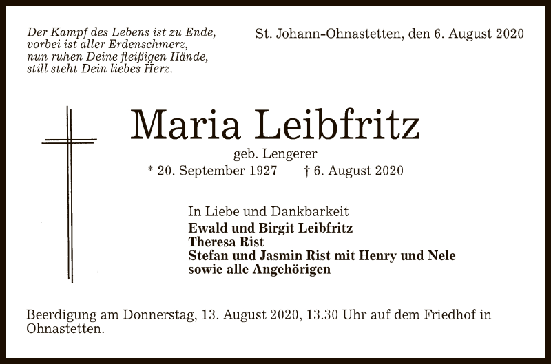  Traueranzeige für Maria Leibfritz vom 11.08.2020 aus Reutlinger General-Anzeiger