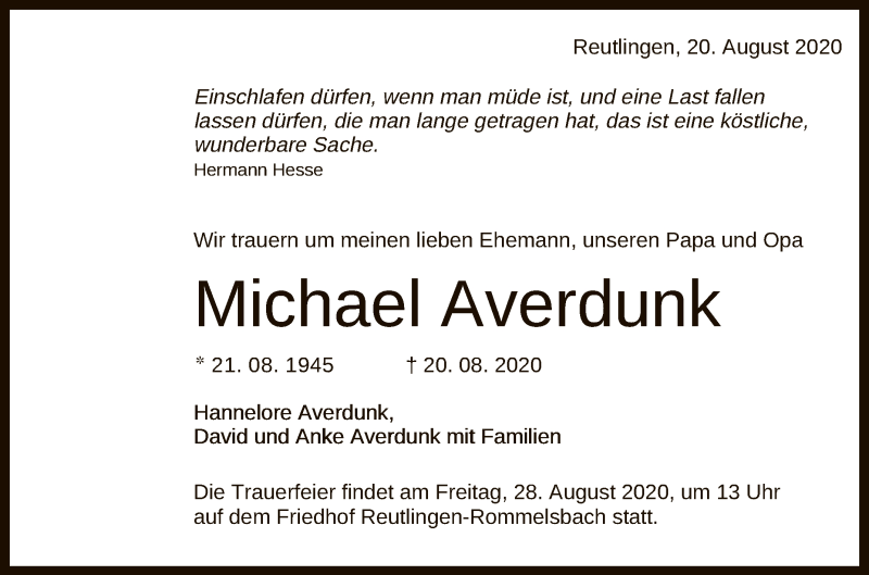  Traueranzeige für Michael Averdunk vom 25.08.2020 aus Reutlinger General-Anzeiger