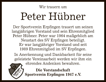 Anzeige von Peter Hübner von Reutlinger General-Anzeiger