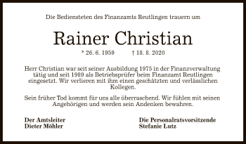 Anzeige von Rainer Christian von Reutlinger General-Anzeiger