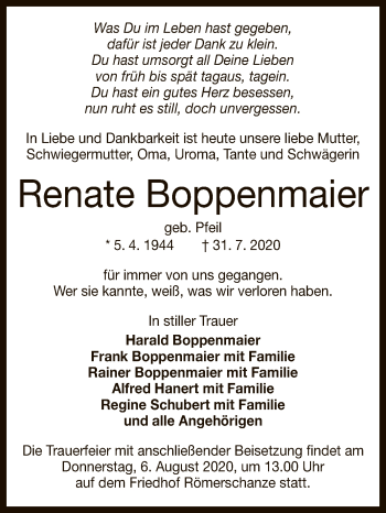 Anzeige von Renate Boppenmaier von Reutlinger General-Anzeiger
