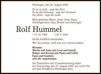 Anzeige von Rolf Hummel von Reutlinger General-Anzeiger