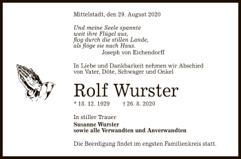 Anzeige von Rolf Wurster von Reutlinger General-Anzeiger