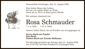 Anzeige von Rosa Schmauder von Reutlinger General-Anzeiger