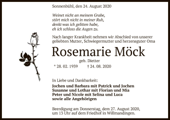 Anzeige von Rosemarie Möck von Reutlinger General-Anzeiger