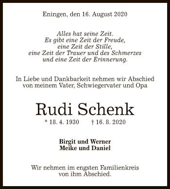Anzeige von Rudi Schenk von Reutlinger General-Anzeiger