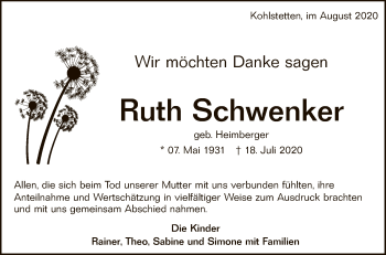 Anzeige von Ruth Schwenker von Reutlinger General-Anzeiger