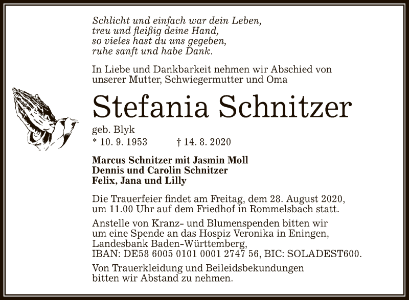  Traueranzeige für Stefania Schnitzer vom 25.08.2020 aus Reutlinger General-Anzeiger
