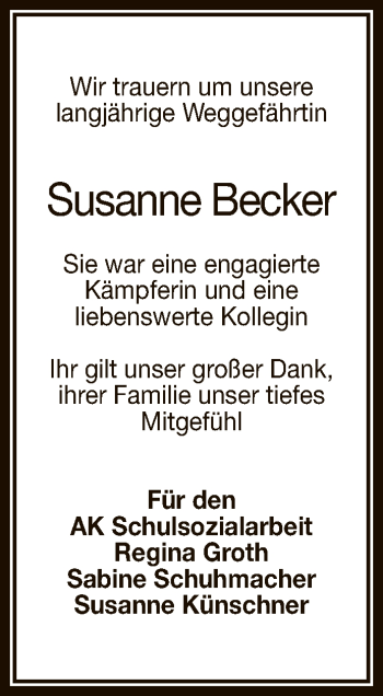 Anzeige von Susanne Becker von Reutlinger General-Anzeiger