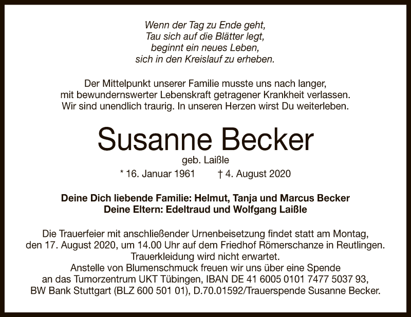  Traueranzeige für Susanne Becker vom 11.08.2020 aus Reutlinger General-Anzeiger