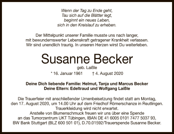 Anzeige von Susanne Becker von Reutlinger General-Anzeiger