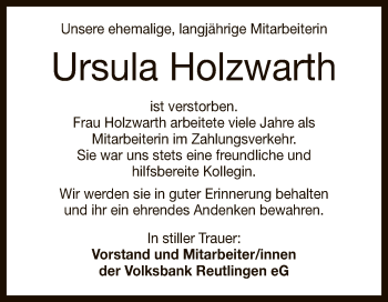 Anzeige von Ursula Holzwarth von Reutlinger General-Anzeiger