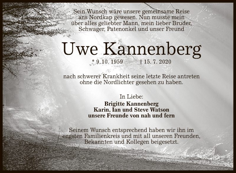  Traueranzeige für Uwe Kannenberg vom 08.08.2020 aus Reutlinger General-Anzeiger