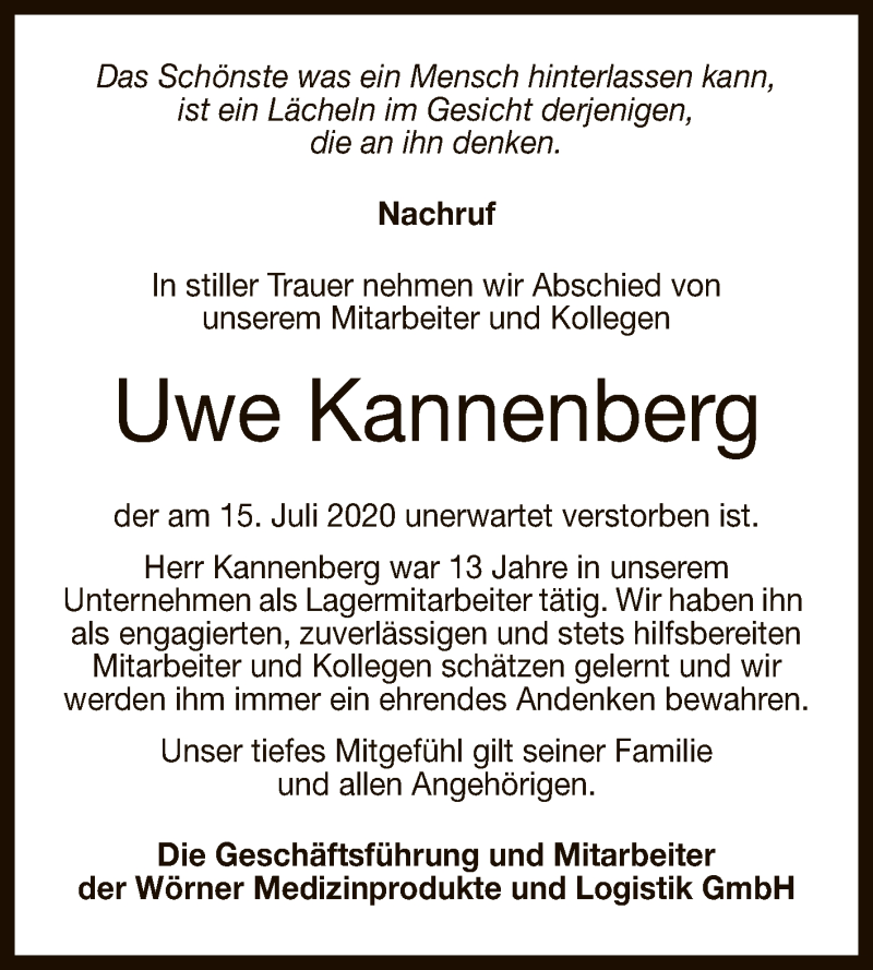  Traueranzeige für Uwe Kannenberg vom 08.08.2020 aus Reutlinger General-Anzeiger