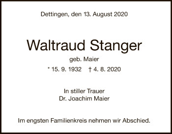 Anzeige von Waltraud Stanger von Reutlinger General-Anzeiger