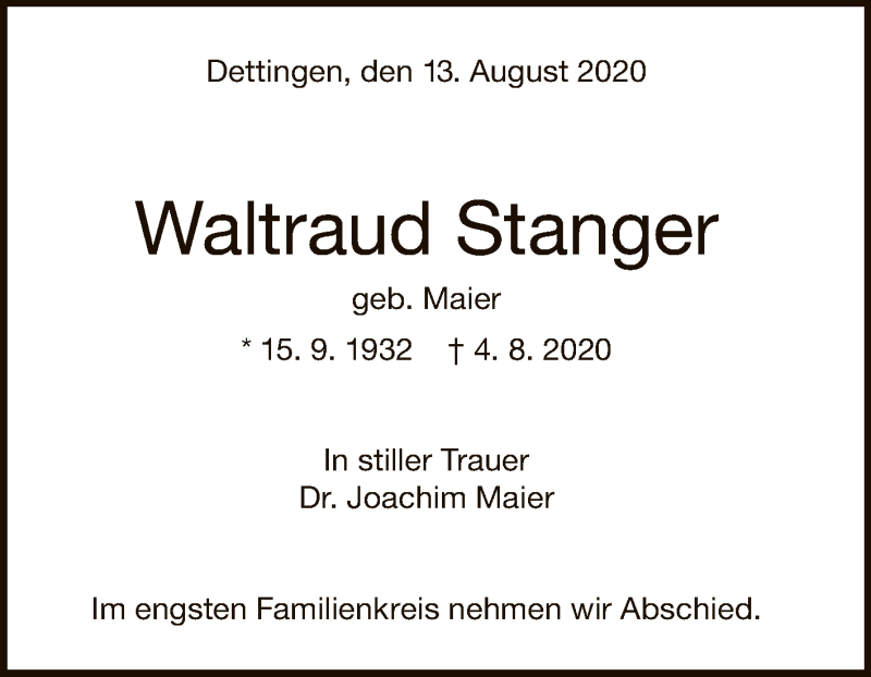  Traueranzeige für Waltraud Stanger vom 13.08.2020 aus Reutlinger General-Anzeiger