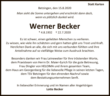 Anzeige von Werner Becker von Reutlinger General-Anzeiger