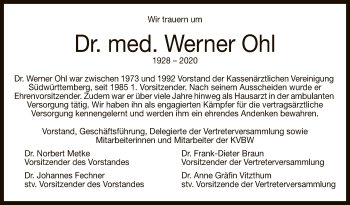 Anzeige von Werner Ohl von Reutlinger General-Anzeiger