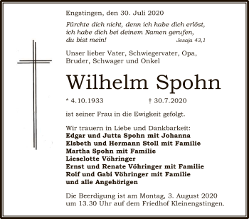 Anzeige von Wilhelm Spohn von Reutlinger General-Anzeiger