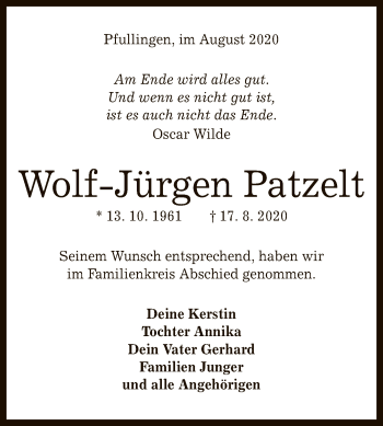 Anzeige von Wolf-Jürgen Patzelt von Reutlinger General-Anzeiger