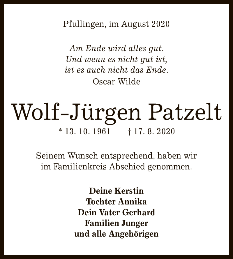  Traueranzeige für Wolf-Jürgen Patzelt vom 27.08.2020 aus Reutlinger General-Anzeiger