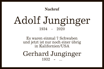 Anzeige von Adolf Junginger von Reutlinger General-Anzeiger