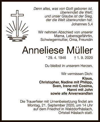 Anzeige von Anneliese Müller von Reutlinger General-Anzeiger